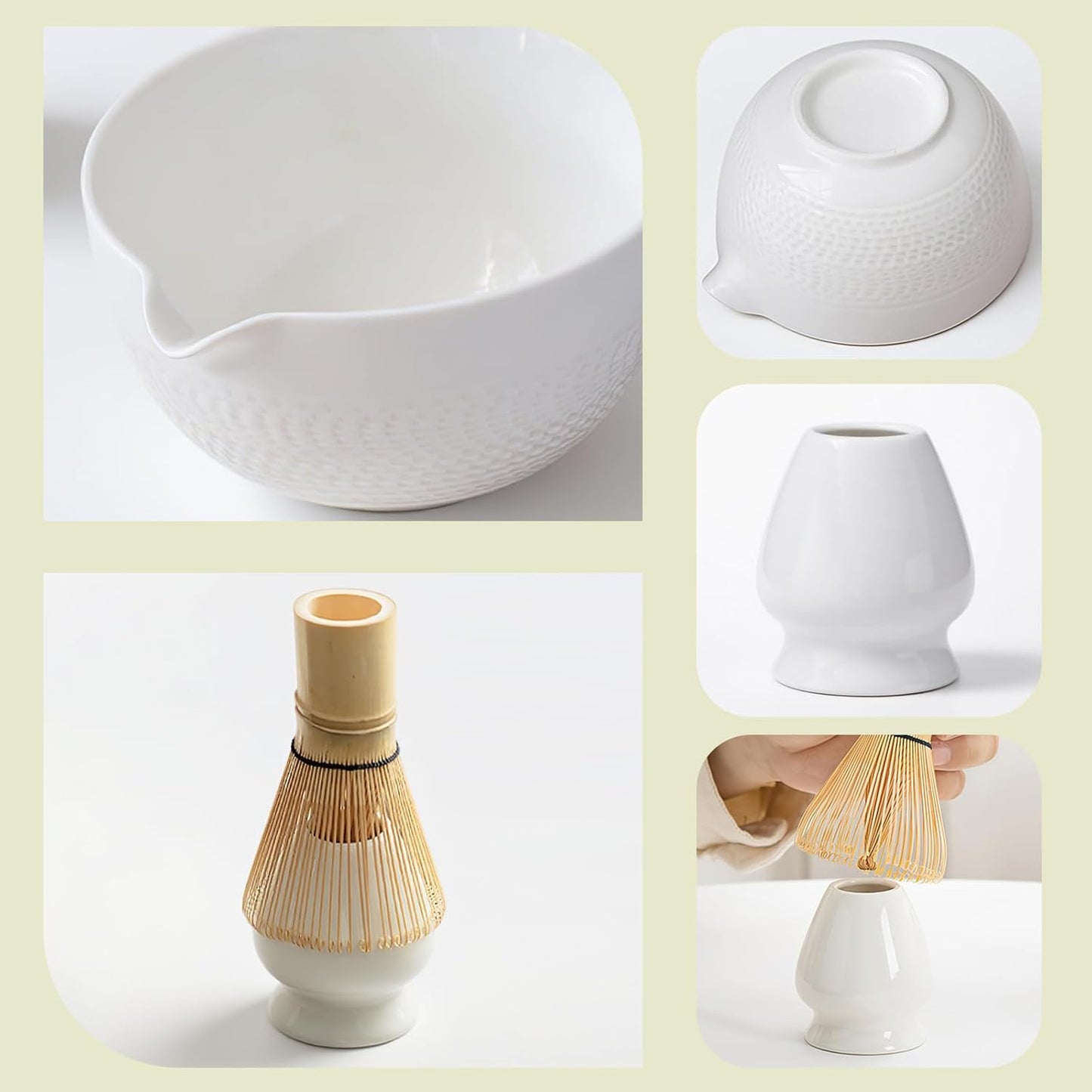 Matcha Whisk Set, Ceramic Matcha Set, Matcha Bowl with Spout, Matcha Whisk & Holder, Sifter and Bamboo Scoop, 5 Pcs Matcha Kit, Matcha Tea Ceremony Gifts for Matcha Lovers & Starter (White)