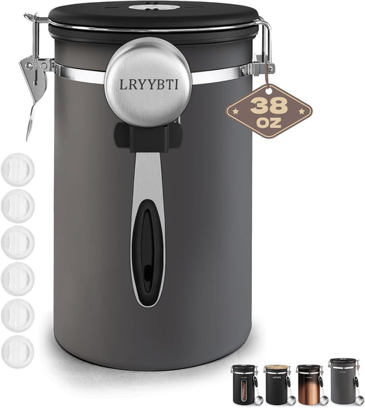 38oz Airtight Coffee Canister,Stainless Steel Coffee Bean Storage Container with Scoop Date Tracker & CO2 Release Valve for Beans, Grounds and more- Gray
