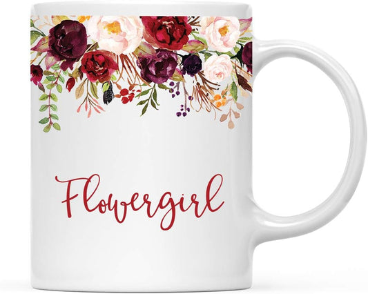 Andaz Press 11oz. Wedding Ceramic Coffee Tea Mug Gift, Fall Autumn Marsala Burgundy Flowers Roses Florals, Flowergirl, 1-Pack, Includes Gift Box