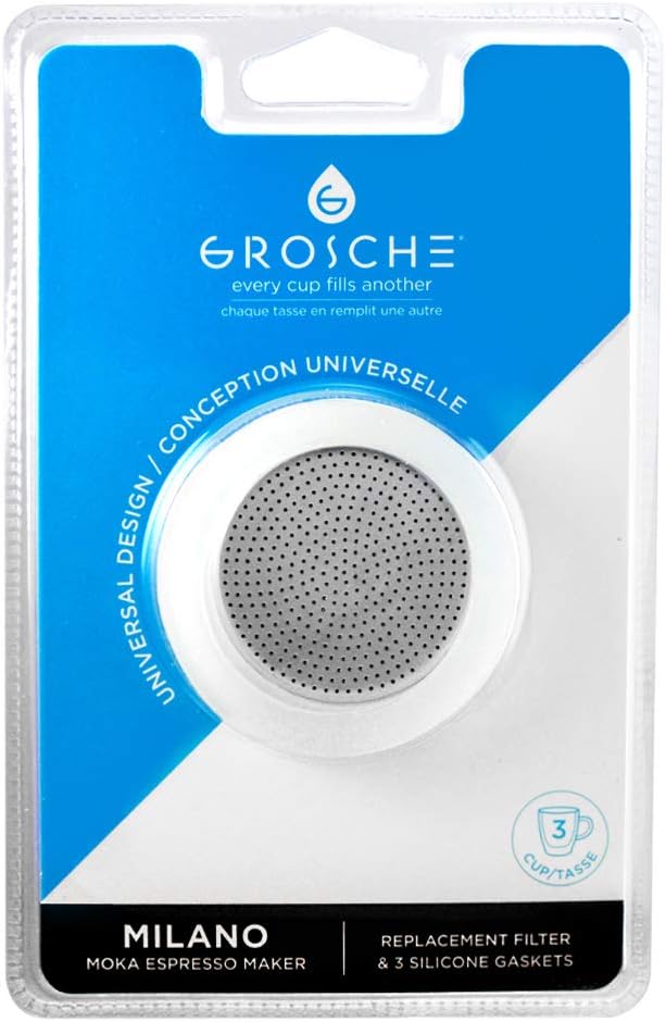 GROSCHE Milano Stovetop Espresso Maker Replacement - 3 Espresso Cup Size Silicone Gasket Seals (3 Seals) & 1 Replacement Filter Screen Kit for Moka Pots