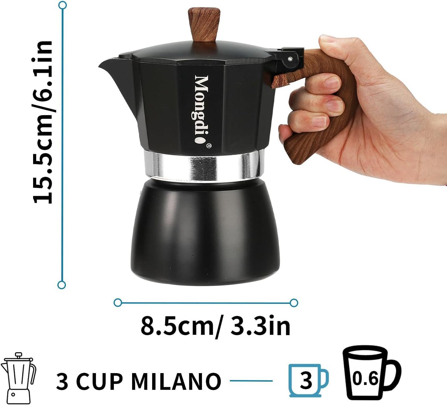 Mongdio Stovetop Espresso Maker Moka Pot, Cuban Coffee Maker Stove top coffee maker Moka Italian Espresso Greca Coffee Maker Brewer Percolator, 3 Espresso Cups, 5 oz - Black