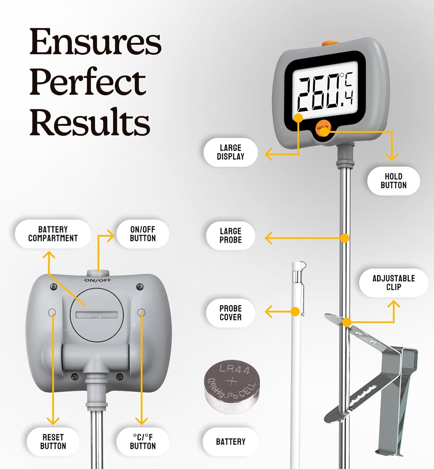 Digital Candy Thermometer with Pot Clip, 10" Long Stainless Steel Probe, Instant Read Kitchen Thermometer for Cooking, Baking, and Candy Making (Gray)