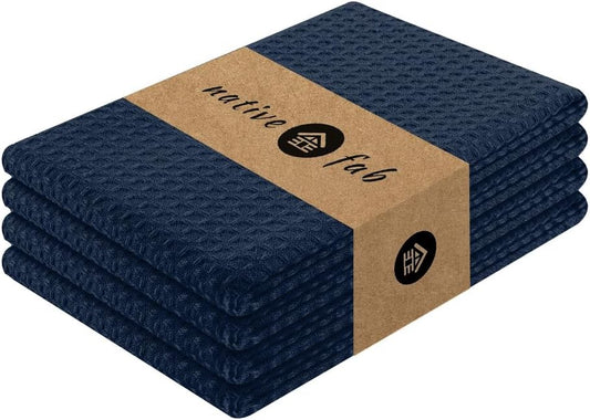 Native Fab Cotton Kitchen Towel with Hanging Loop 16x26 inches, 4-Pack, Waffle Weave Kitchen Towels for Cleaning Drying, Washcloths Soft & Absorbent Cloth Rags, Bar Towel, Dish Cloth, Navy