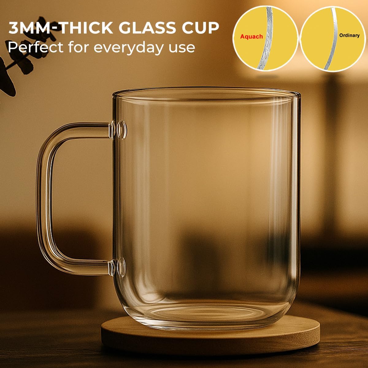 Aquach Glass Mugs 20 oz Set of 2, Extra Large Clear Glass Cup with Handle for Hot/Cold Coffee Tea Beverage, Drinking Glasses