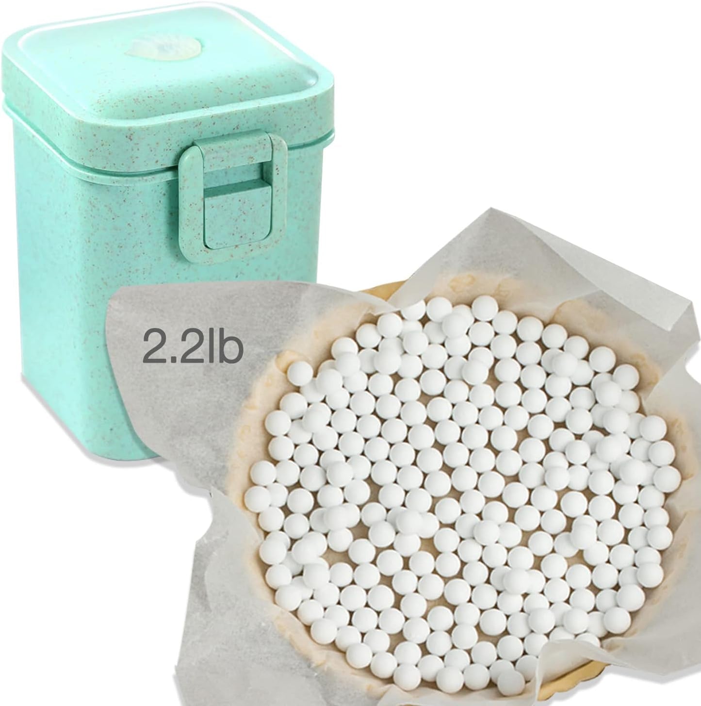 2.2Lb Ceramic Pie Weights Baking Beans Pie Crust Reusable 10mm Weights Natural Ceramic Stoneware with Wheat Straw Container (35 Oz Total) (Green)