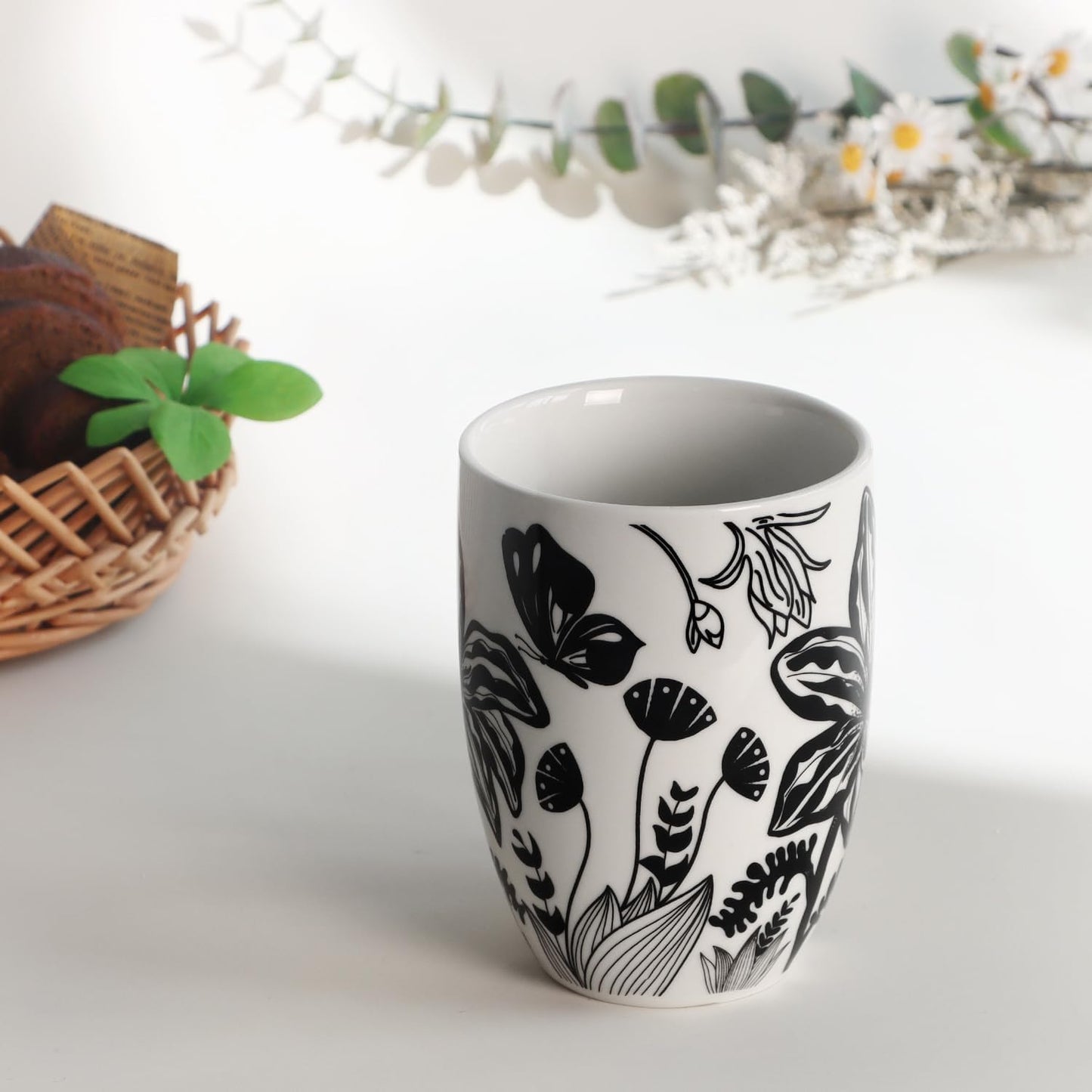 16oz Black and White Boho Floral Mug - Unique Coffee Mugs and Tea Cup, Novelty Ceramic Cups Gifts for Women and Men.