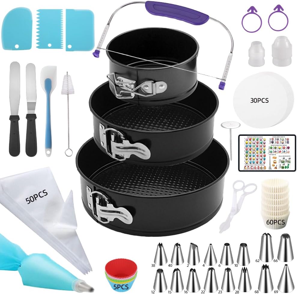 Complete 179PCS Springform Round Cake Pans Set for Baking and Cake Decorating, including 16 Piping tips,65Baking Cups,30Parchment paper liners,spatulas,4''+7'' +9''Cake Pans