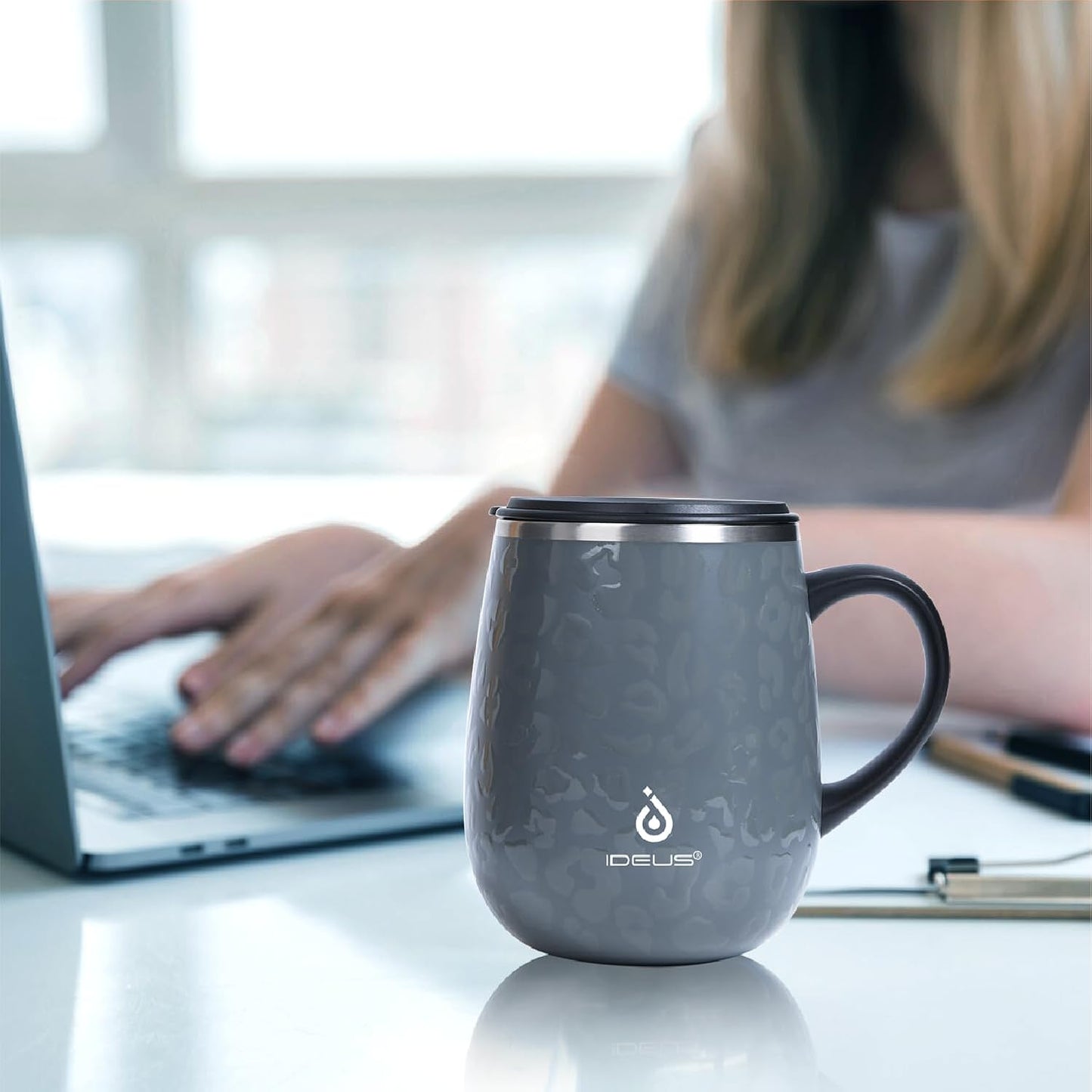 Ideus 16 oz Insulated Coffee Mug with Handle and Lid, Double Wall Stainless Steel Vacuum Thermal Coffee Mug, Travel Coffee Cup Thermal Cup for Home and Office, Leopard Gray