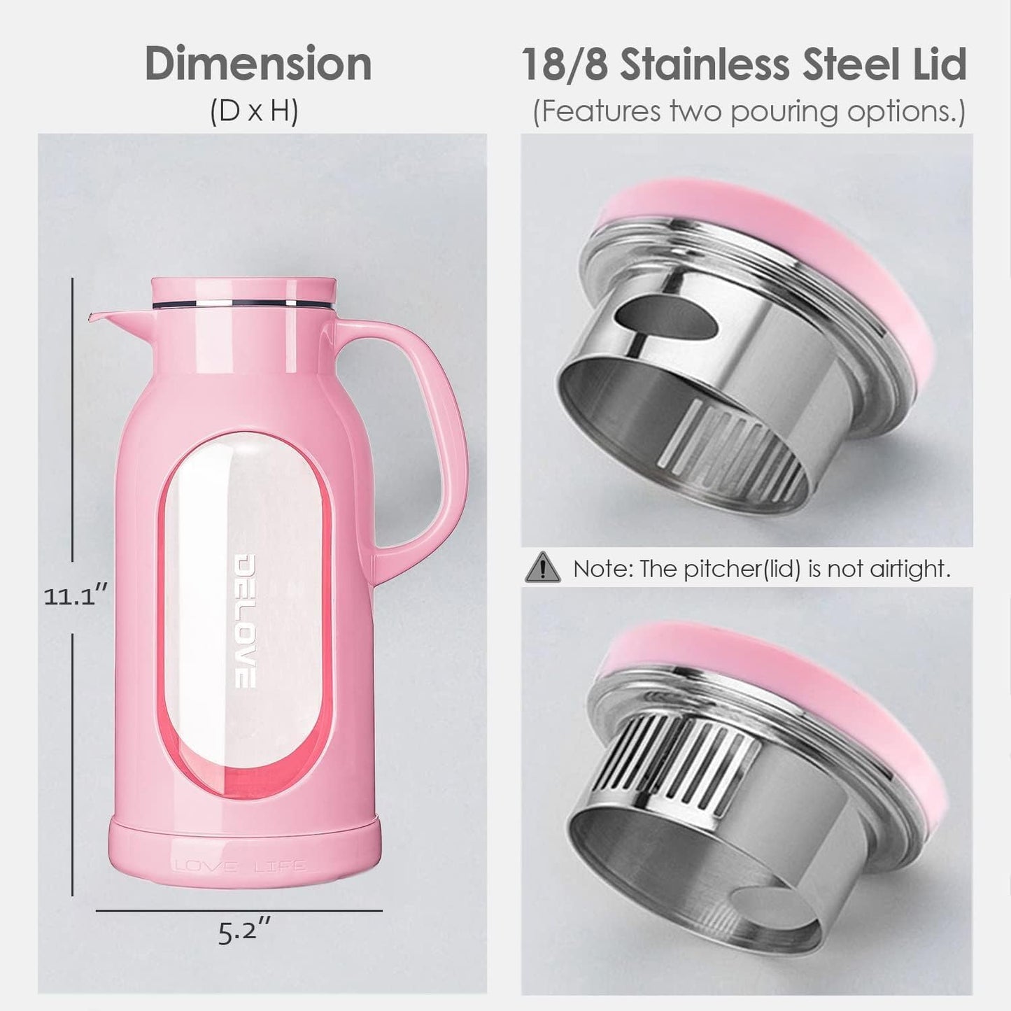 Delove 68 oz/2 Liter Glass Pitcher with Shatterproof Shell - Heat Resistant Glass Liner - Stainless Steel Lid - Carafe & Jug for Iced Tea,Hot/Cold Water,Homemade Juice Beverages (Pink)