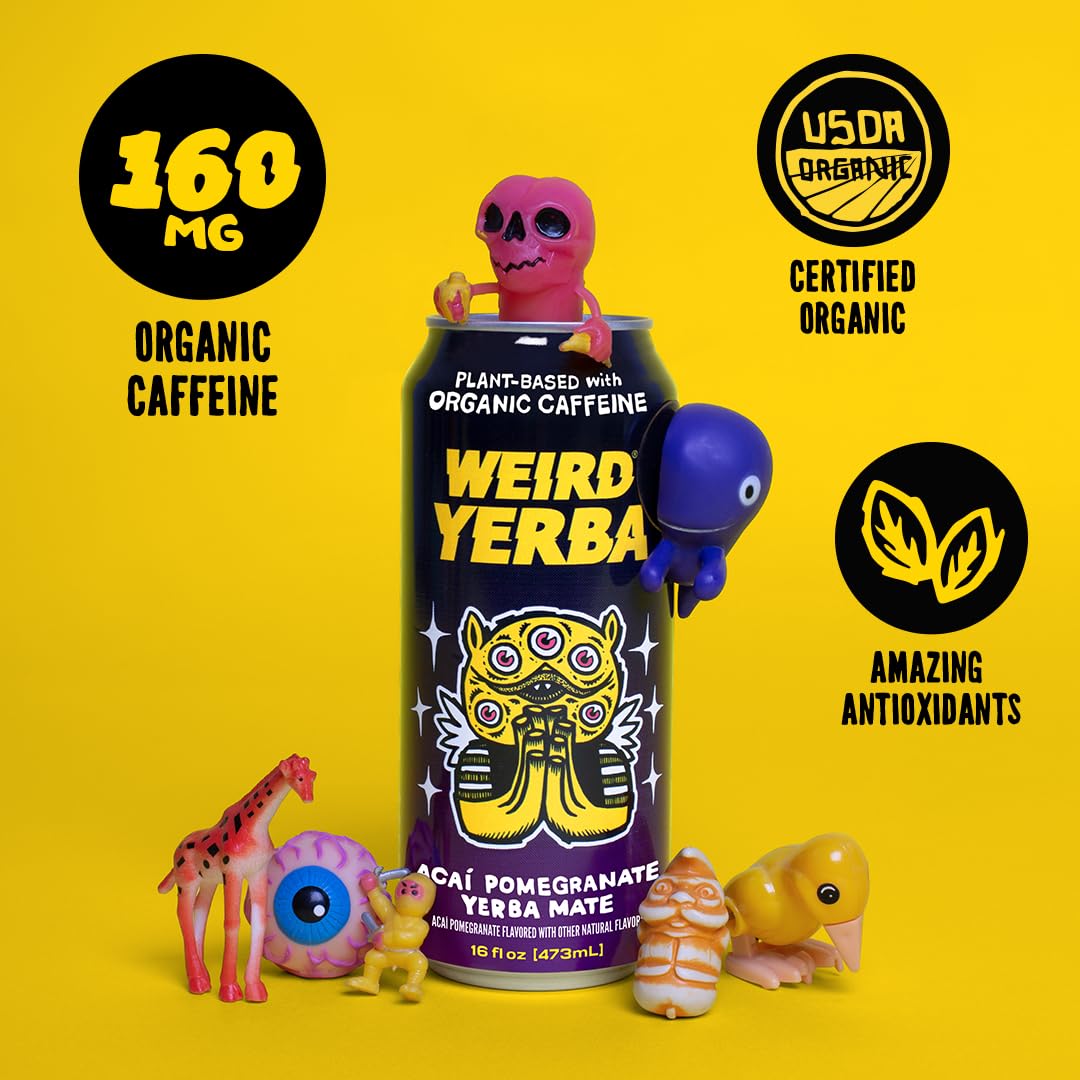 Drink Weird Organic Acai Pomegranate Yerba Mate – 16oz Cans, 160mg Organic Caffeine, Pack of 12 – Antioxidant-Rich Energy Drink Alternative