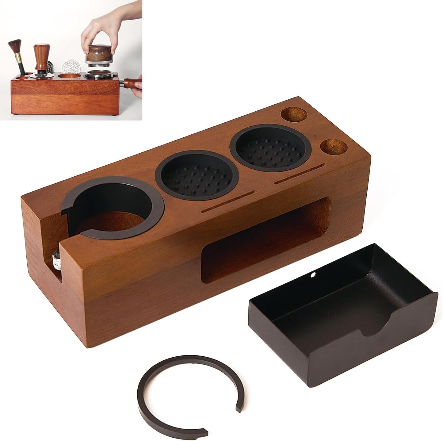 Espresso Tamping Station - 8 in 1 Espresso Coffee Organizer for Storage 51/53/54/58MM Espresso Tamper, Distributor, Portafilter & Puck Screen Accessories, Wooden Tamper Station