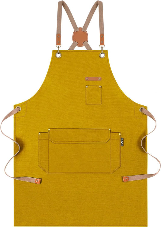Chef Apron for Men Women with Gift Box Pack, Cross Back Apron with Pockets for Kitchen Cooking Baking Artist Painting, Cotton Canvas Work Aprons for Shop, Garden, Restaurant, Cafe (Yellow, M to XXL)