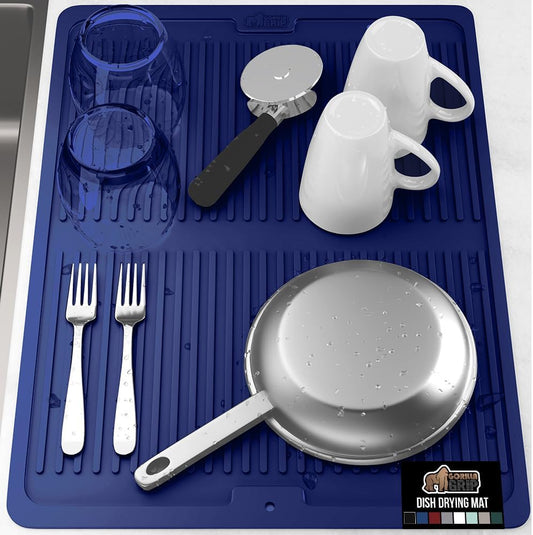 GORILLA GRIP 100% BPA-Free Patented Silicone Dish Drying Mat for Kitchen Counter, 18x24 Inch, Water Catching Ribbed Design, Easy Clean Waterproof Sink Liner, Heat Resistant, Fits Under Rack, Blue