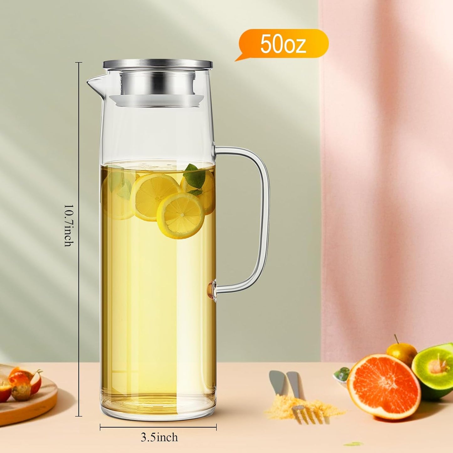 Hsei 2 Sets Glass Pitcher with Lid, 50 oz / 1500 ml Water Carafe with Handles Hot Cold Beverage Water Jar Glass Jug for Tea Juice Milk Coffee Iced Beverage