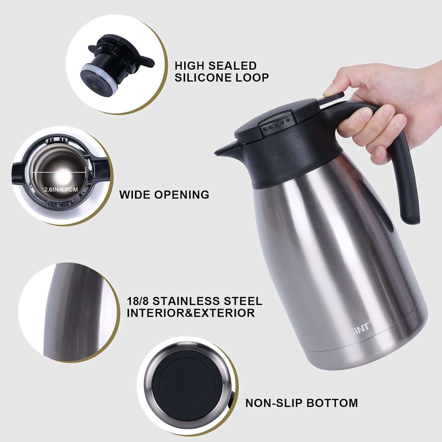 GiNT 51Oz Stainless Steel Thermal Coffee Carafe with Lid/Double Walled Vacuum Thermal Carafe / 12 Hour Heat Retention (Silver, 1.5L)