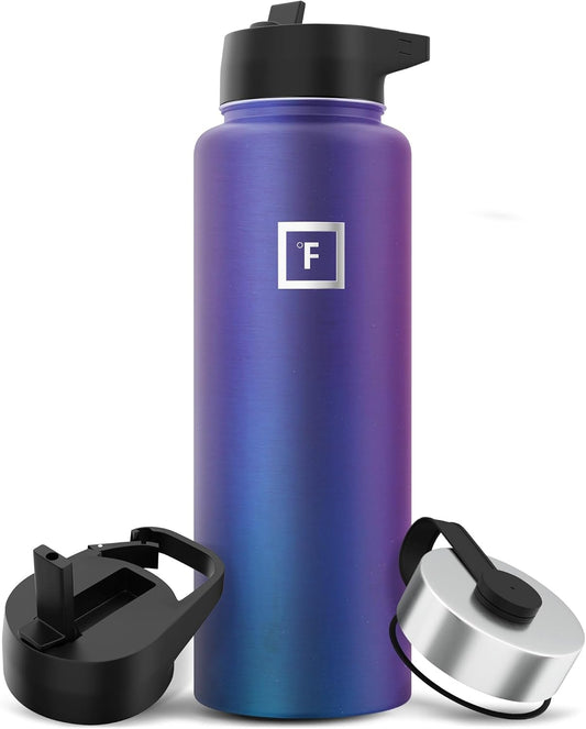 IRON °FLASK Camping & Hiking Hydration Flask with 3 Lids - Stainless Steel, Double Walled & Vacuum Insulated Water Bottle - Leak Proof & BPA Free (Aurora, Straw - 40 oz)