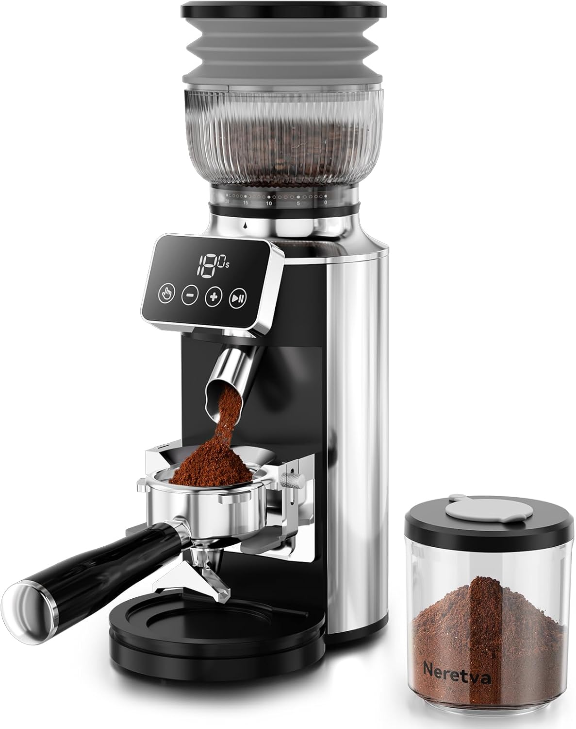Neretva Burr Coffee Grinder, 2 in 1 Professional Espresso Grinder Stainless Steel Suit 51~58mm Portafilter Coffee Bean Grinder 30 Precise Setting & Anti-Static for Espresso/French Press/Drip/Cold Brew