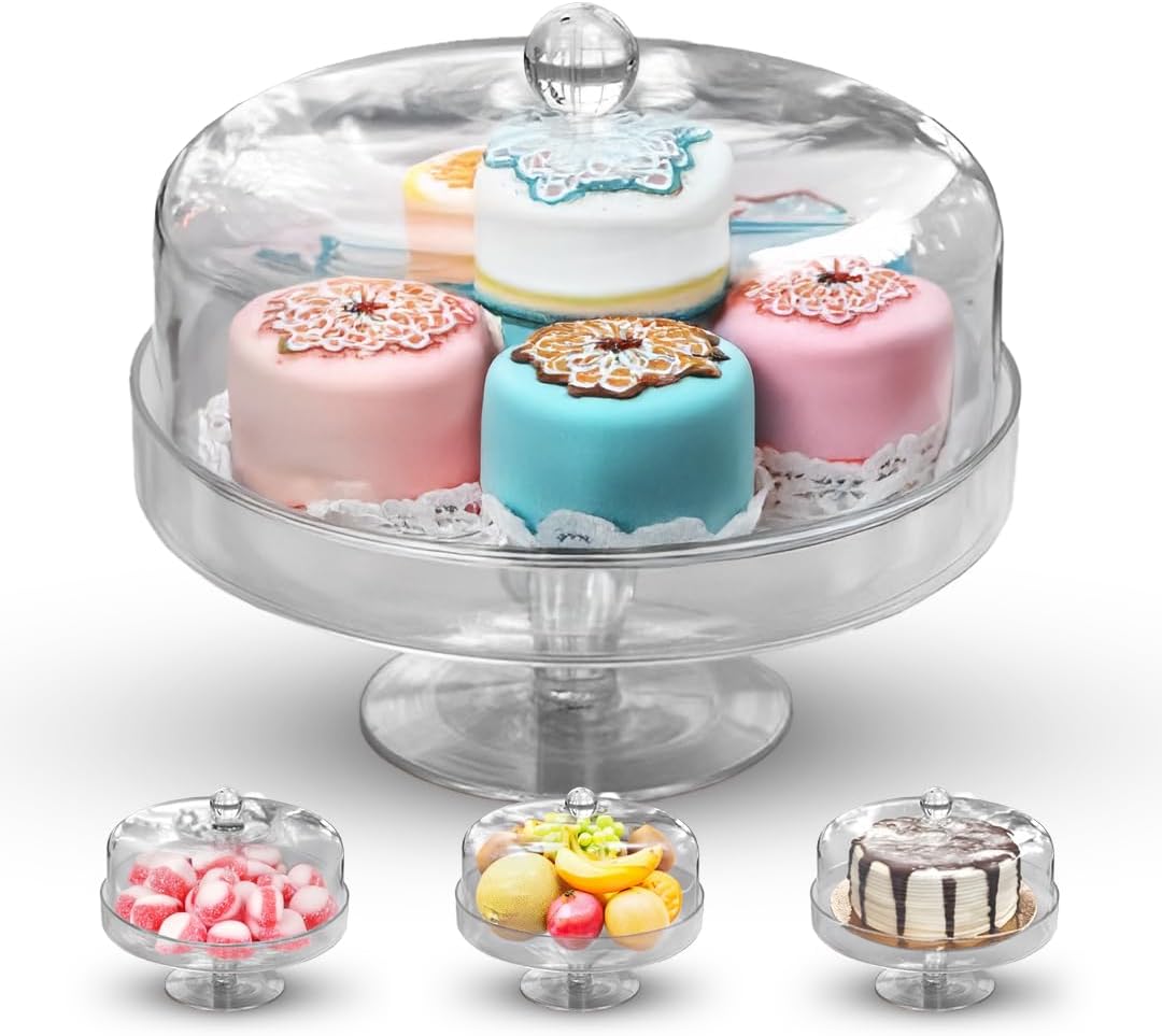 Acrylic Cake Stand with Lid – Multifunctional Cake Holder with Cover, Covered Pie Plate with Lid, Elegant Cake Stand with Dome Lid, Panera de Vidrio Cristal para Mesa - 8.07 in × 9.65 in