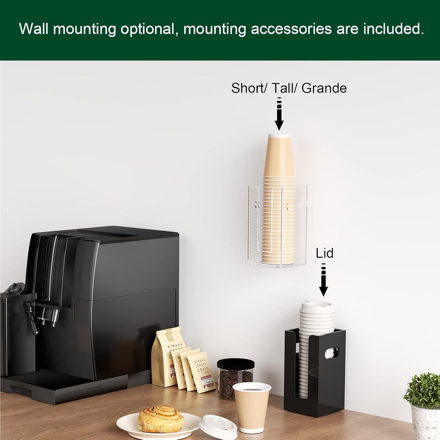 Disposable Coffee Cup Dispenser with Handles, Countertop or Wall Mount Hot/Cold Drink Cup and Lid Holder - Bathroom/Kitchen/Office Acrylic Cup Lid Storage Organizer (1 Compartment, Clear)