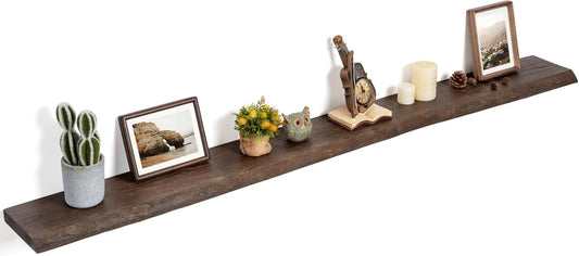 Floating Shelves for Wall Decor, Rustic Solid Elm Wood Live Edge Floating Shelves Wall Mounted, Wall Shelves with Invisible Bracket for Living Room Bathroom Bedroom Kitchen, 72 Inch, Walnut