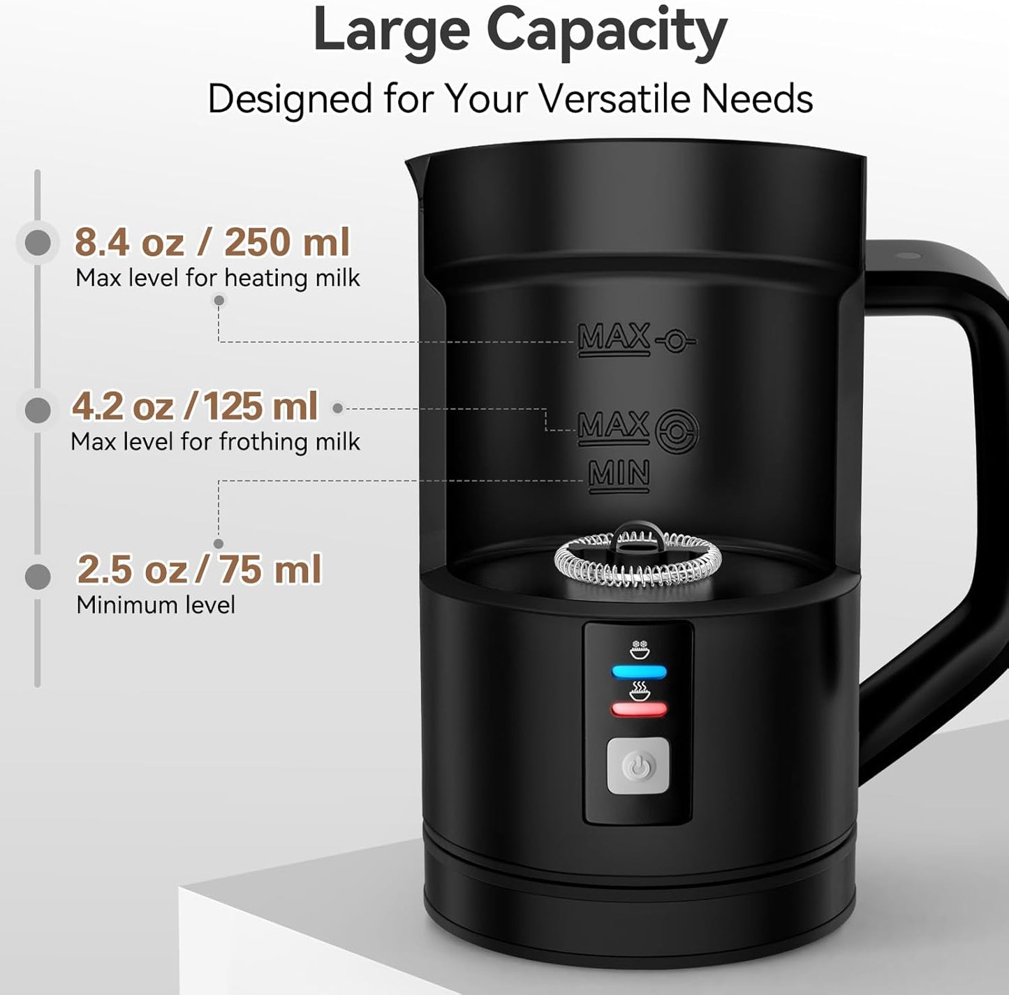 Secura 𝗠𝗶𝗹𝗸 𝗙𝗿𝗼𝘁𝗵𝗲𝗿, Electric Milk Steamer Stainless Steel, 8.4oz/250ml Automatic Hot and Cold Foam Maker and Milk Warmer for Latte, Macchiato (Black)