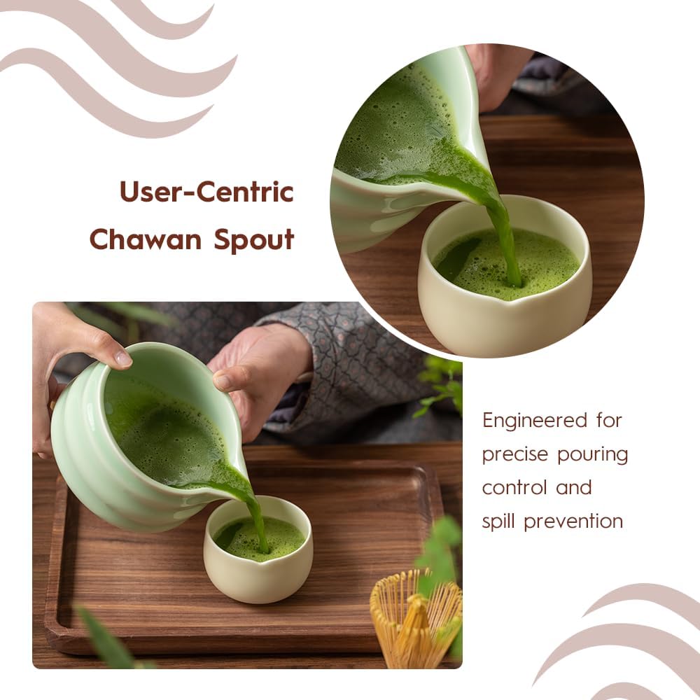 7 Pcs Matcha Set - Ceramic Bowl, Bamboo Whisk with Holder, Sifter, Schima Spoon, Spoon Rest and Tea Towel, Complete Kit for Traditional Matcha and Modern Lattes (Green)