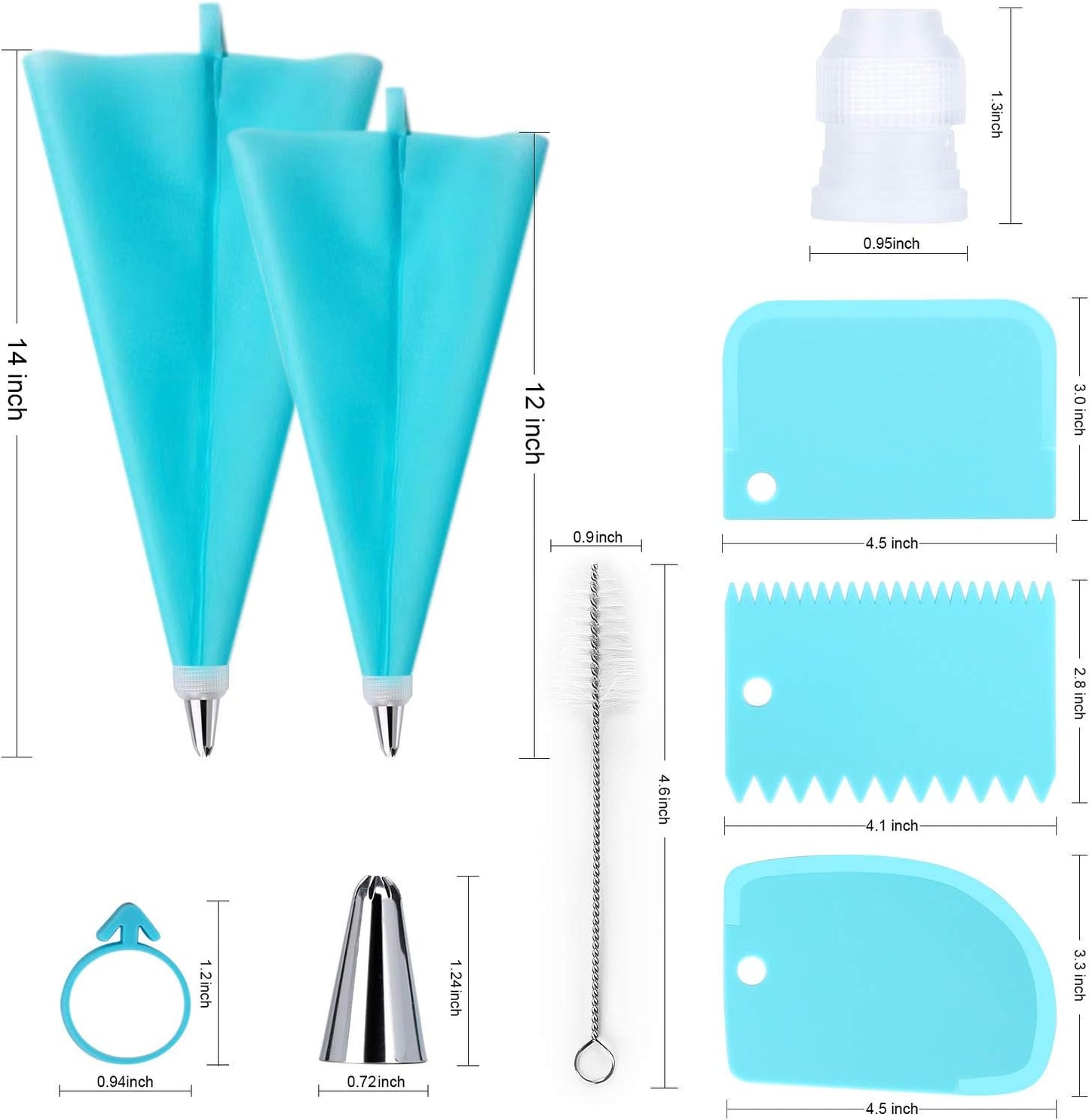 34Pcs Piping Bags and Tips Set, Bake Cake Decorating Kit with 24 Stainless Steel Tips, 2 Reusable Silicone Pastry Bags, 3 Icing Smoother, 2 Couplers, 2 Frosting Bags Ties and 1Pipe Brush