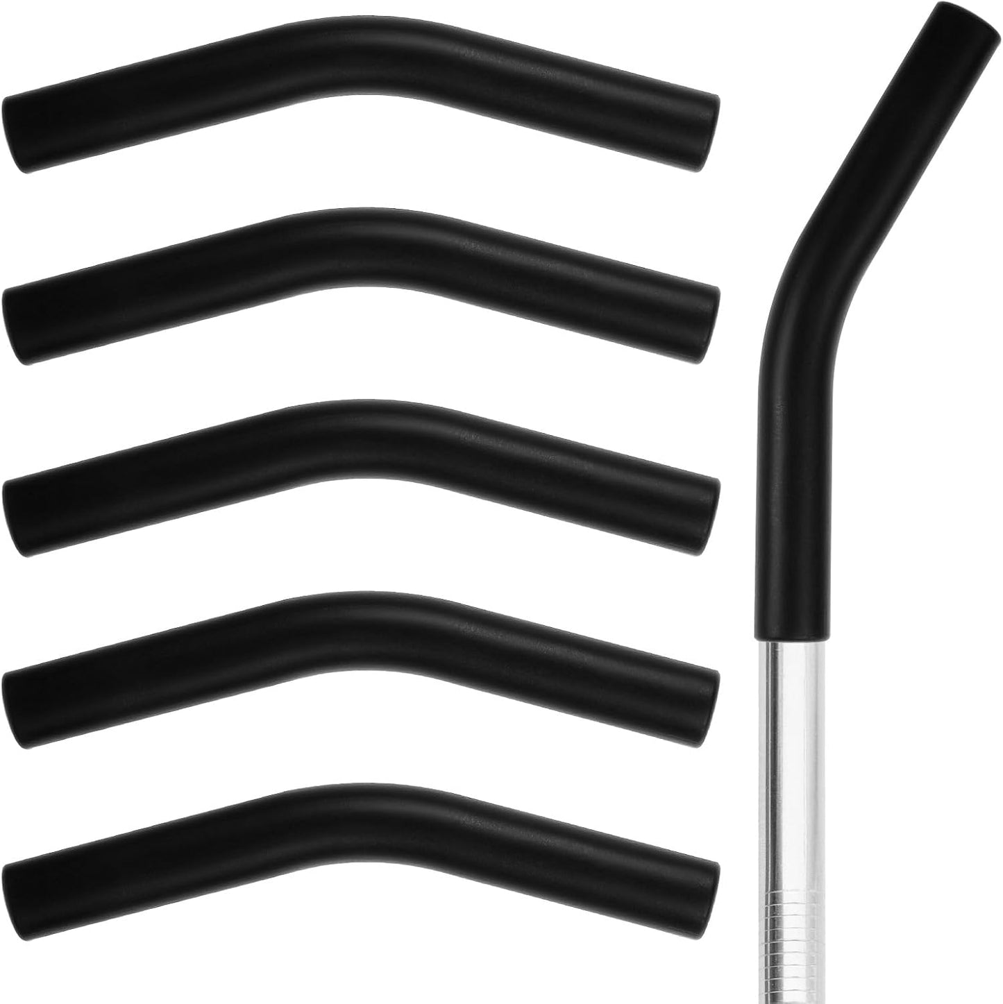 5 Pcs Silicone Straw Tips, Reusable Black Silicone Straw Cover Food Grade Rubber Flex Elbow Straws Covers for Stainless Steel Metal Straws 0.31inch Wide (8mm Outdiameter)