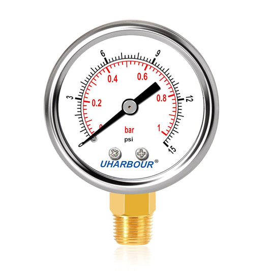 Lead-Free Water Pressure Gauge Liquid Filled 0-15Psi 2" Dial, Stainless Steel Case, 1/4" NPT Lower Mount, Water Pressure Gauge for Home