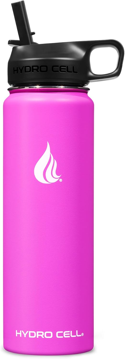 HYDRO CELL Stainless Steel Insulated Water Bottle with Straw - For Cold & Hot Drinks - Metal Vacuum Flask with Screw Cap and Modern Leakproof Sport Thermos for Adults (Fuchsia 24oz)