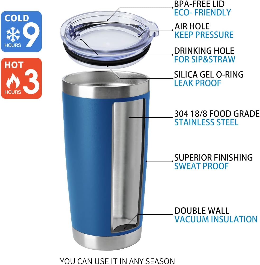 HASLE OUTFITTERS 20oz Tumblers Stainless Steel Mugs with Lid Double Wall Vacuum Insulated Coffee Cups for Cold & Hot Drinks (20oz-Dark Blue, 8 Pack)