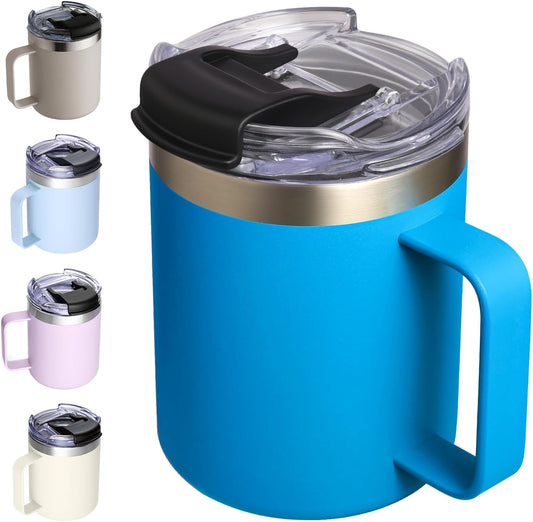 ALOUFEA 12oz Insulated Coffee Mug Cup with Handle, Stainless Steel Travel Coffee Mug with Flip Lid, Double Wall Vacuum Coffee Tumbler,Sky Blue