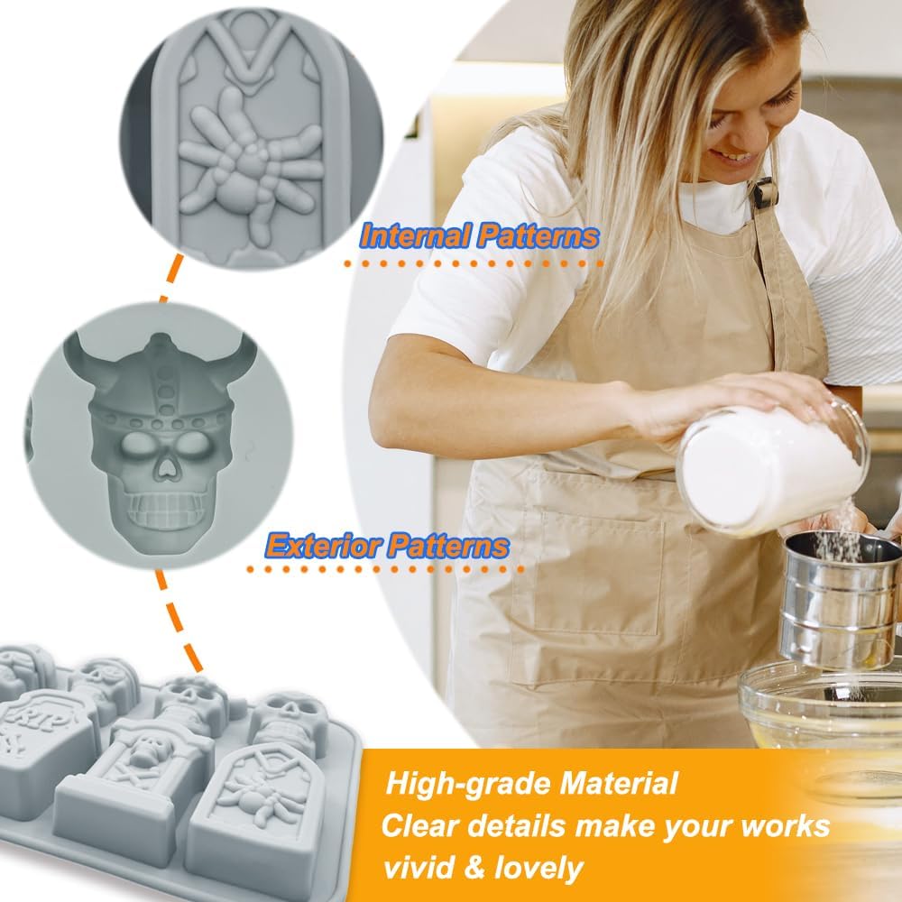 Halloween Chocolate Mold Silicone,2pcs Cavity Candy Gummy Mold with Skull and Tombstone for Baking Chocolate Jelly Gummy Desser