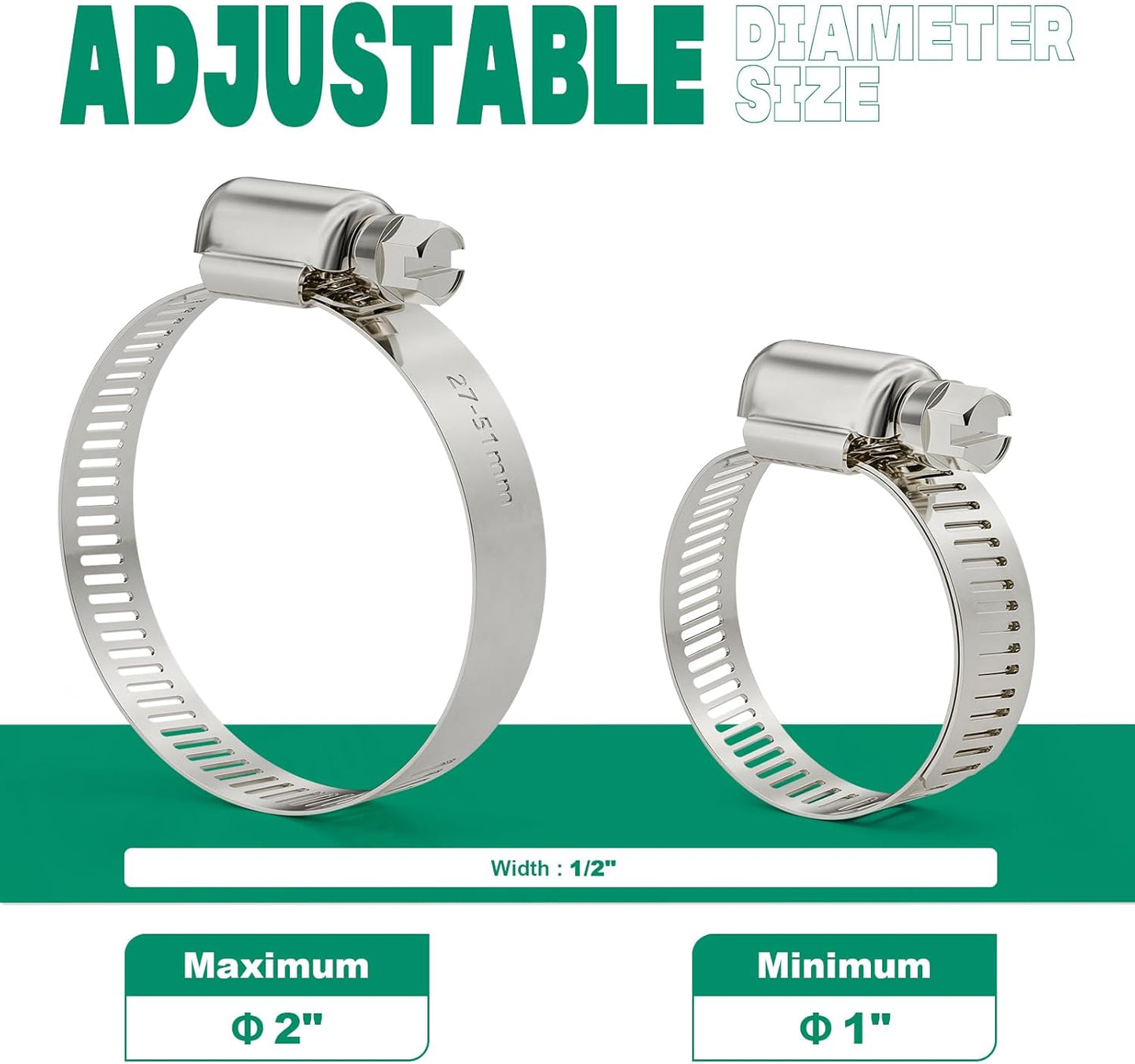 10PCS Hose Clamps Stainless Steel Adjustable 1"–2"(27-51mm) Worm Gear Hose Clamp, Heavy Duty Metal Small Hose Clamps for Automotive, Pipe, Radiator Plumbing, Fuel Line