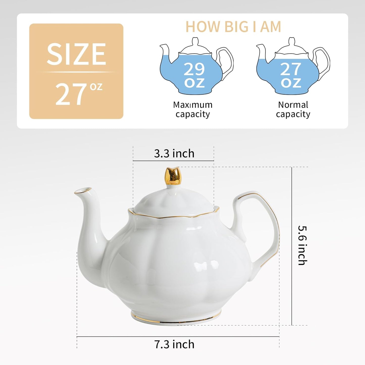 27oz White Porcelain Teapot with Gold Trim, Classic Ceramic Teapot for Loose Leaf Tea & Tea Bags, Elegant Small Teapots for Daily Use or Gifts