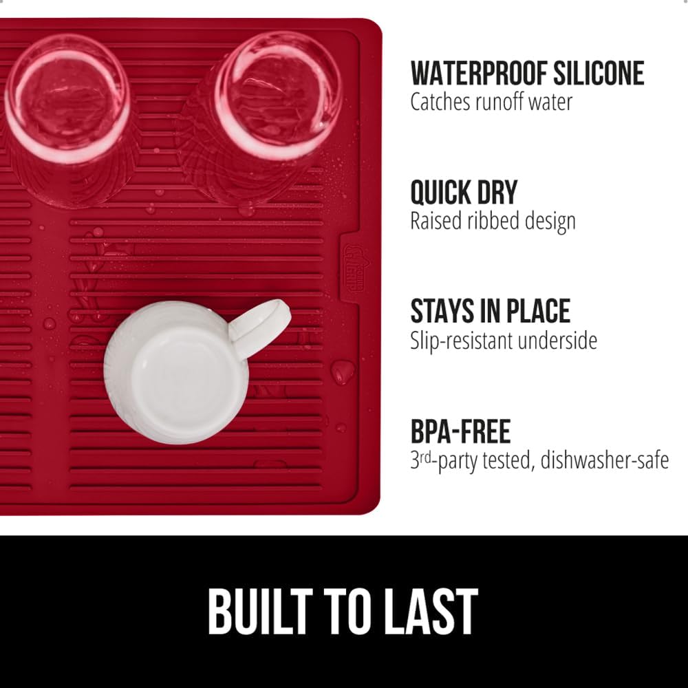 GORILLA GRIP 100% BPA-Free Patented Silicone Dish Drying Mat for Kitchen Counter, 18x16 Inch, Water Catching Ribbed Design, Easy Clean Waterproof Sink Liner, Heat Resistant, Fits Under Rack, Red