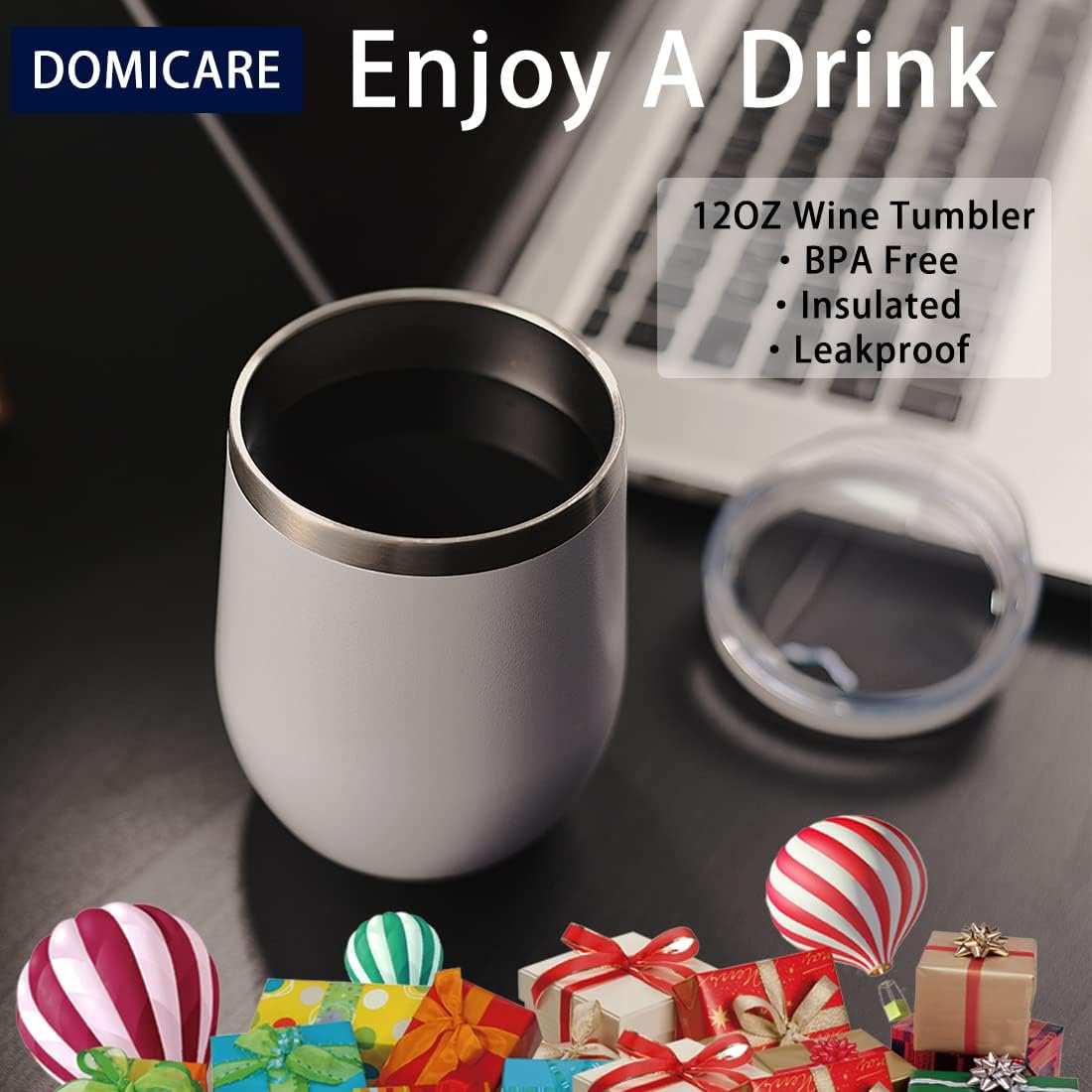 DOMICARE Stainless Steel Wine Tumbler Bulk with Lid, Personalized White Insulated Tumblers Set, 12oz Travel Coffee Cups Pack of 4