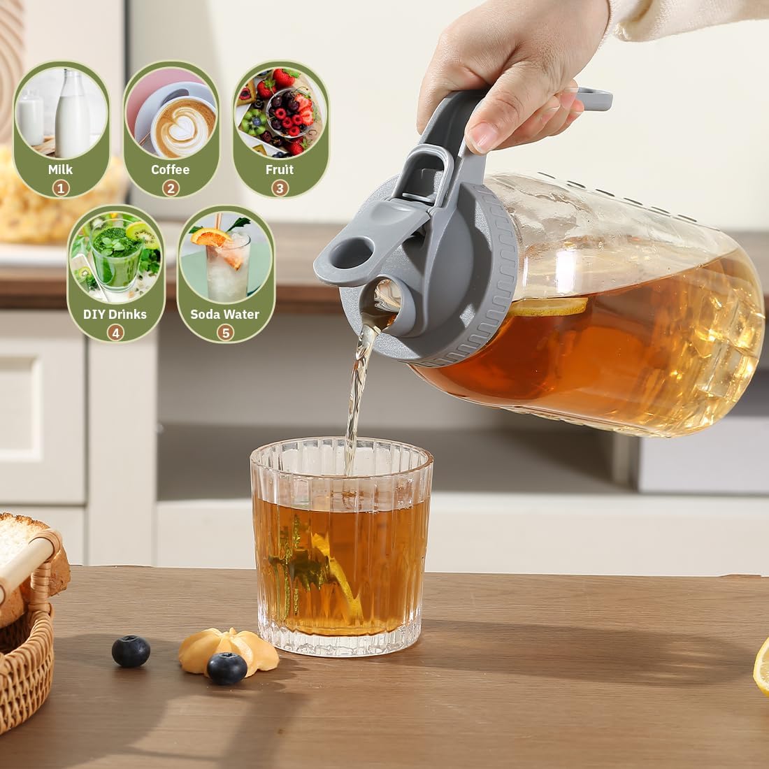 Glass Tea Pitcher with Wide Mouth Airtight Lid Leak Proof Fridge Container with Gray Lid Mason Jar for Water, Tea,Juice and Drinks (2 Pack-64OZ)