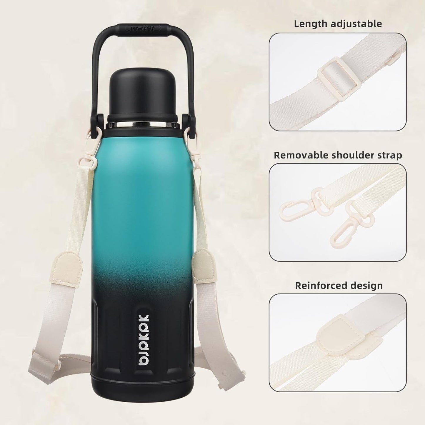 BJPKPK Insulated Thermos Water Bottle with Handle and Lid 50oz BPA Free Stainless Steel Water Bottles For Cold and Hot Beverages,TealBlack