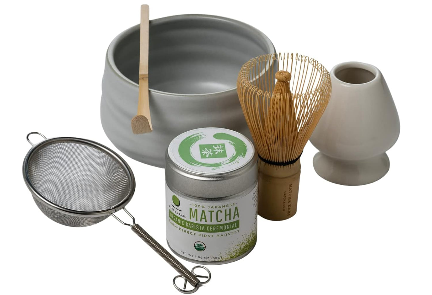 Matcha Kari Dr. Weil Complete Tea Set - White - Japanese Ceremonial Organic Matcha with Whisk and Holder, Ceramic Bowl, Sifter, and Scoop