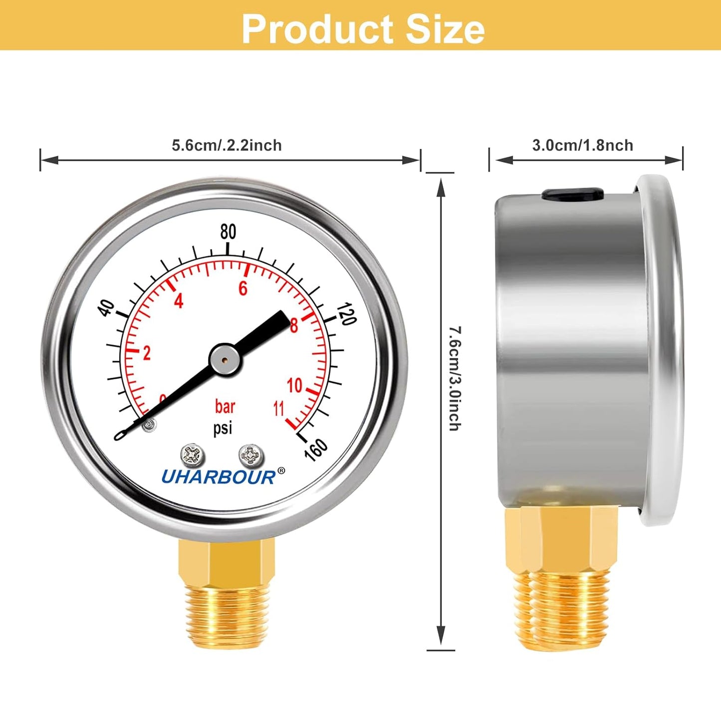 Lead-Free Pressure Gauge 0-160psi 1/4" NPT Lower Mount 2" Dial Stainless Steel Case, Pressure Gauge for Water Air RV