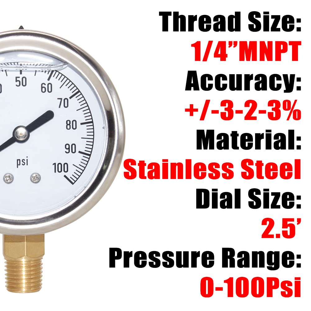 2-1/2" Dial 1/4" NPT 0~100Psi 304 Stainless Steel Glycerin Filled Pressure Gauge Bottom Mount