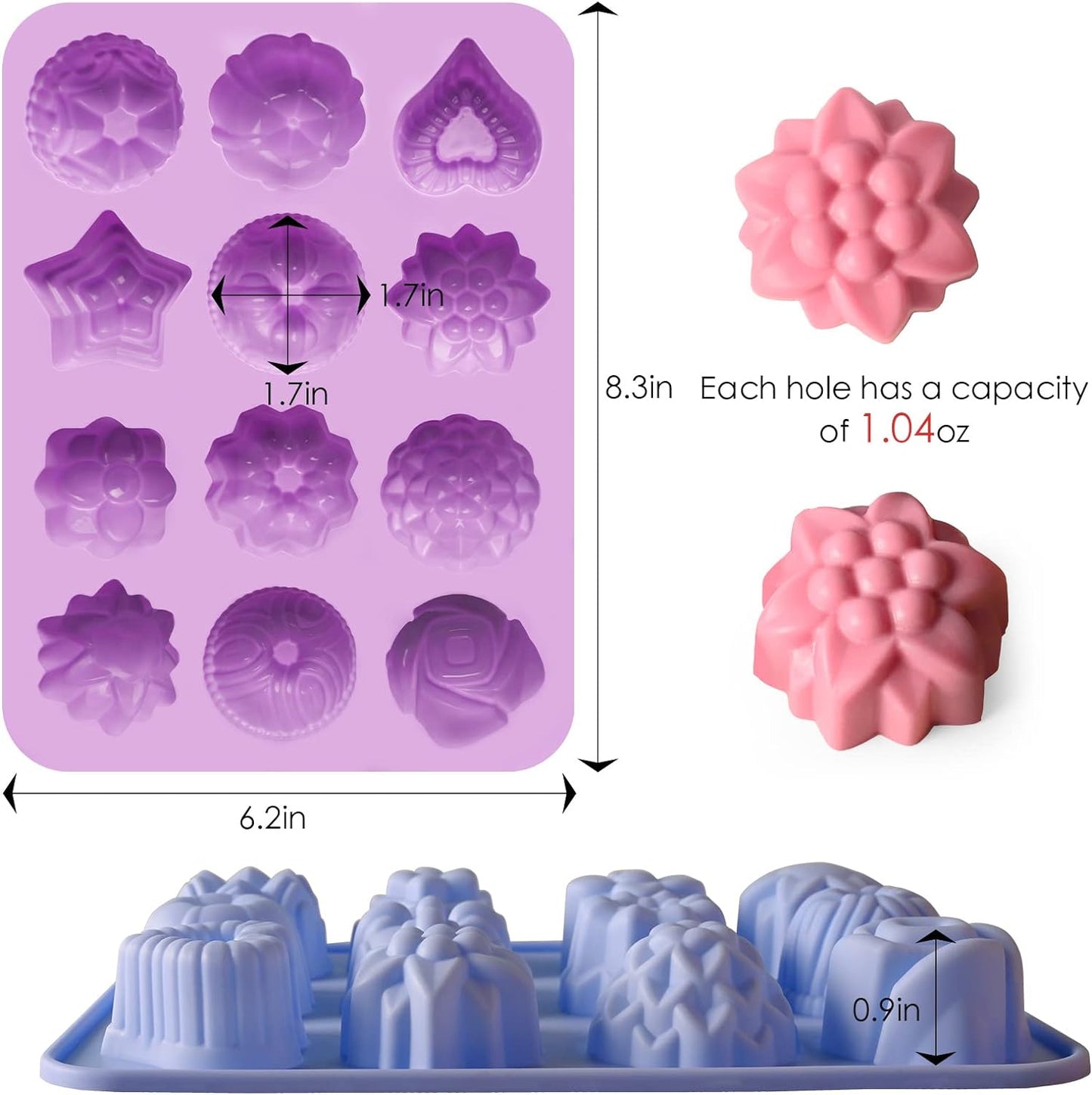 Sakolla 3 Pack Flower Molds Silicone, 12 Cavities Different Shapes Silicone Molds for Chocolate, Cupcake, Candy, Jelly, Ice Cube, Muffin (Pink, Purple, Blue)