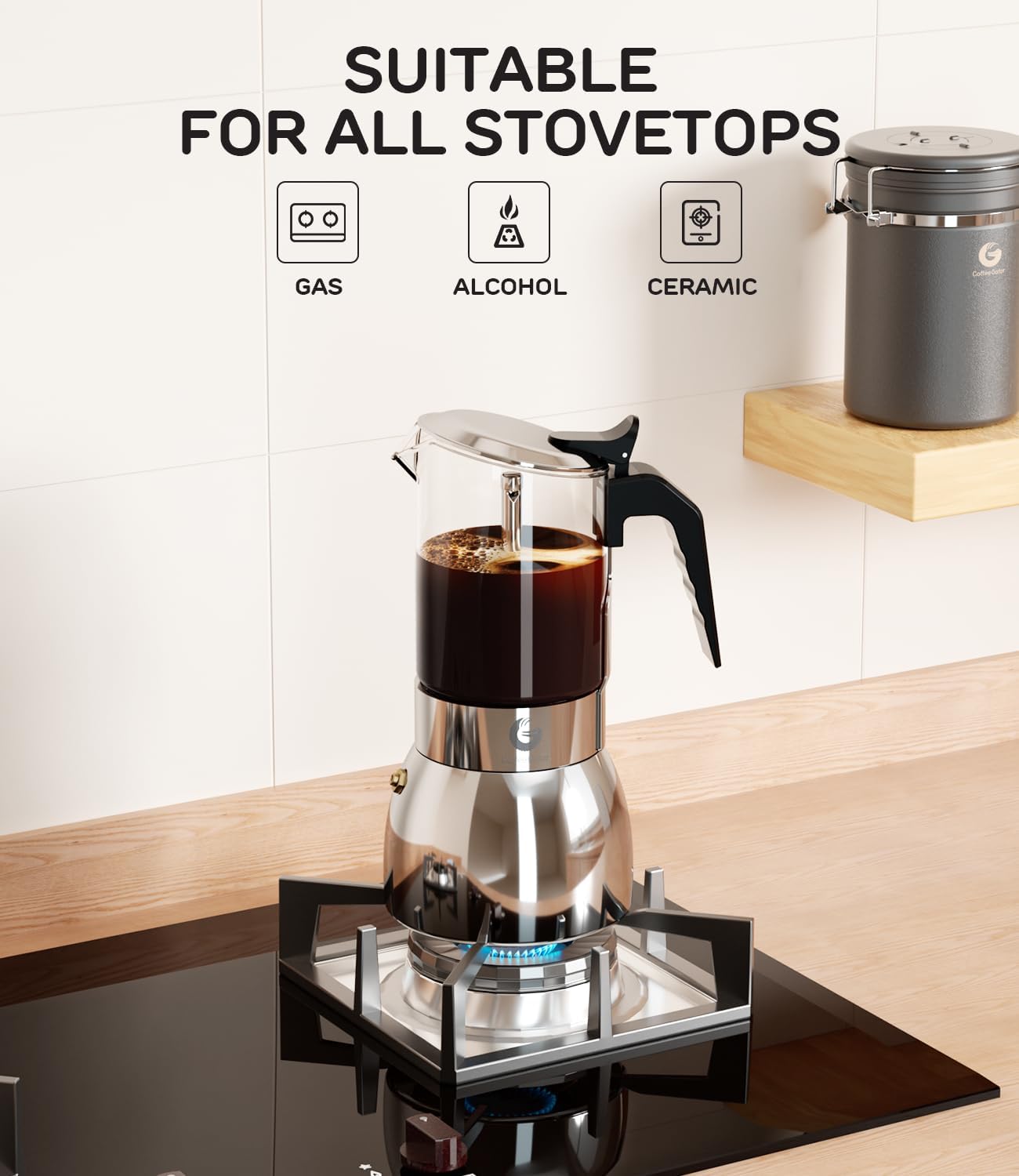 Coffee Gator 9 Cup Moka Pot, 15oz Stovetop Espresso Maker for Italian Coffee, Transparent Glass & Stainless Steel Design, Silver, 450ml