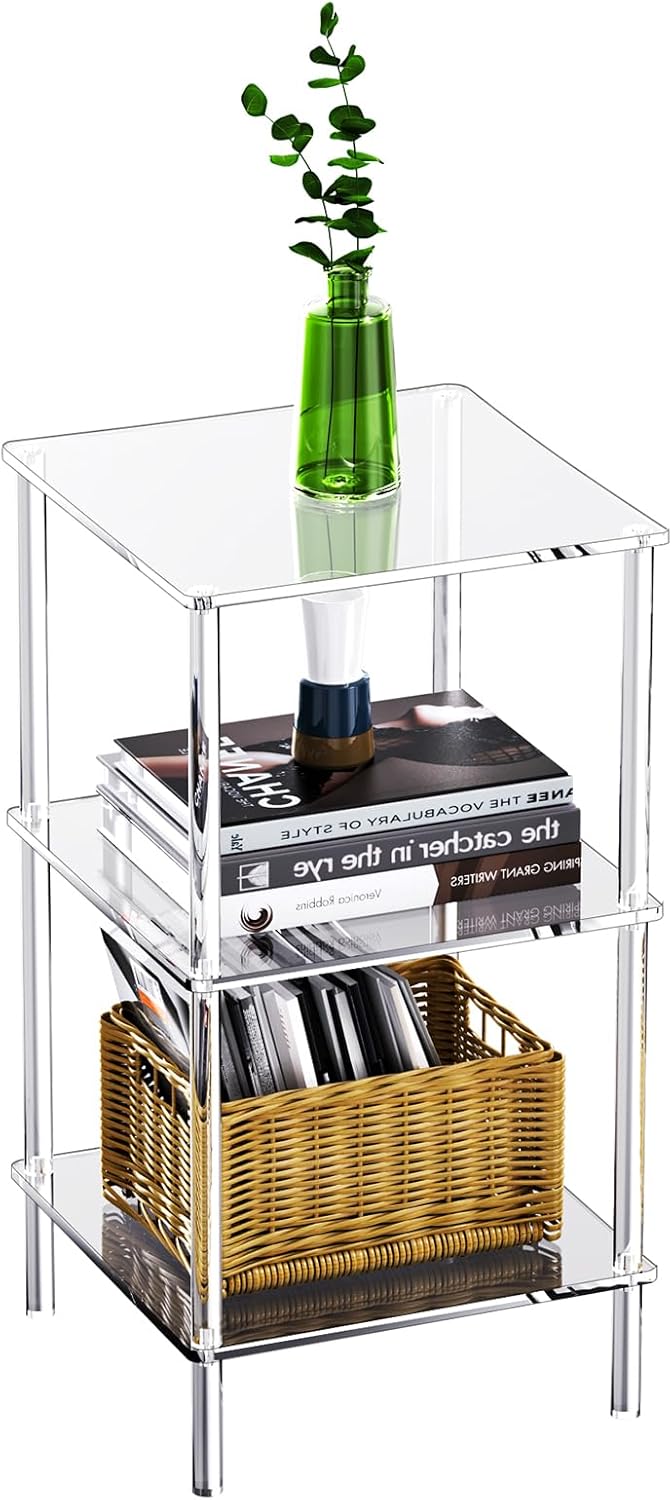 Acrylic Side Table Clear 3-Tier End Table for Living Room, Office, Hallway, Bedroom Small Bedside Table (8mm 13.1'' Wide)