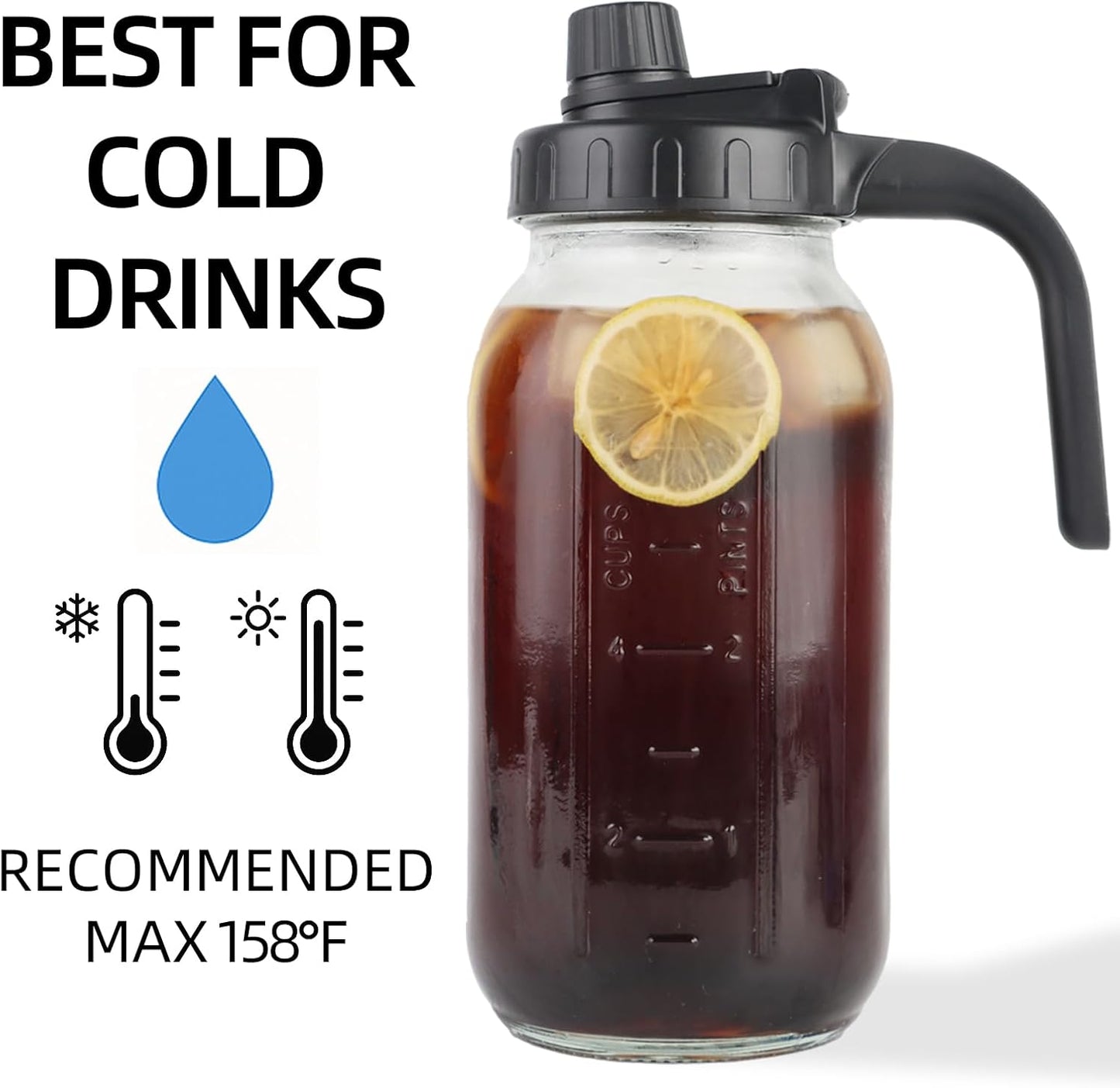 Glass Mason Jar Pitcher with Lid - 2 Quart (64 oz) Wide Mouth Water Jug, Set of 2 - BPA-free, Leak Proof - Sun & Iced Tea Pitcher, Cold Brew Coffee, Breast Milk Storage, Juice, Drink