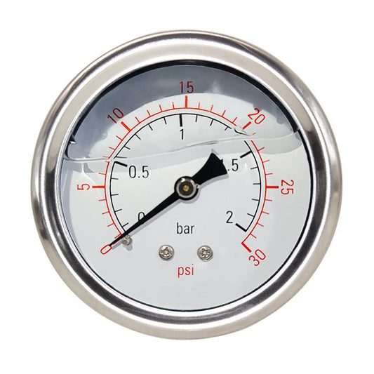Pressure Gauge 1/4" NPT 0-30Psi Glycerin Filled 2 1/2 inch Dial 304 Stainless Steel Case Center Back Mount