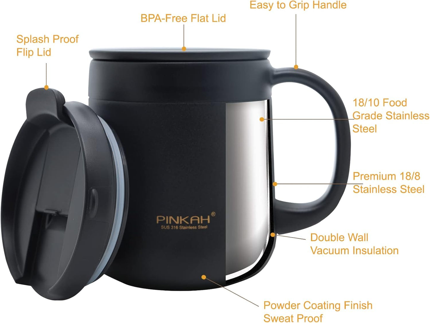 16OZ Stainless Steel Insulated Coffee Mug with Handle, Double Wall Vacuum Tumbler Cup with 2 Lids, Thermal Coffee Cup