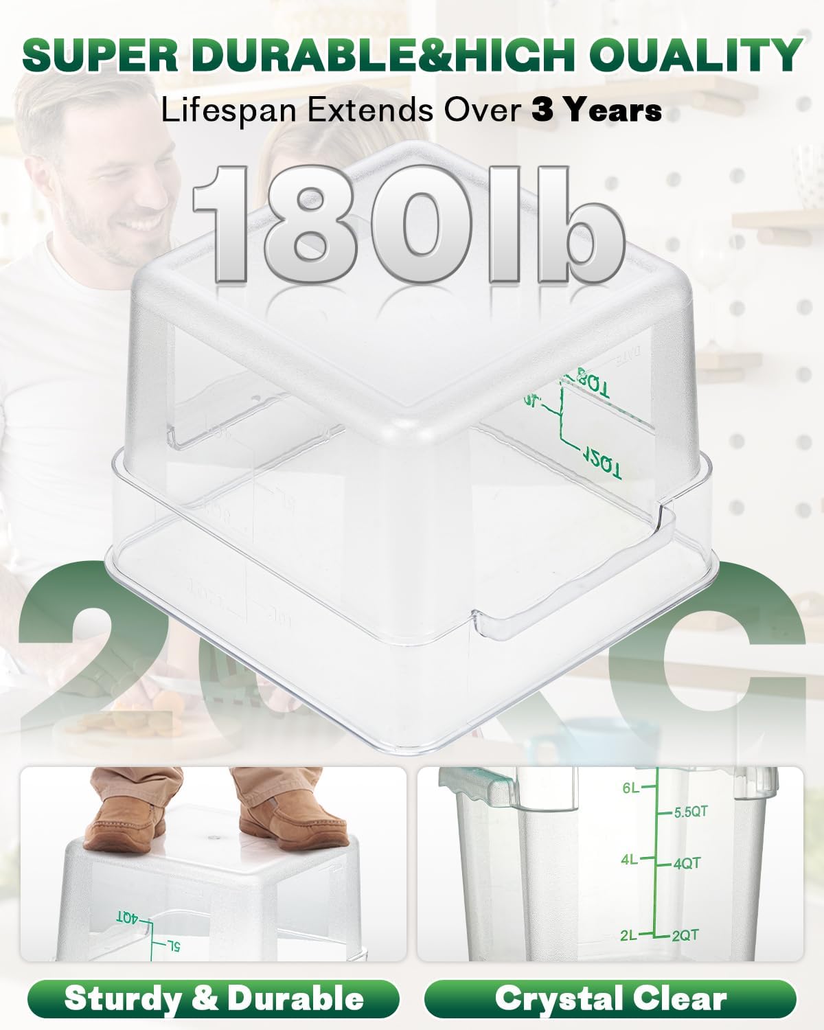 4QT NSF Food Storage Containers with Lids: 4 PCS [Total Food Grade][Hot&Cold Resistant] Commercial Clear Food Storage Containers for Restaurant Kitchen Proof Dough, Measuring Spoons Included(Green)