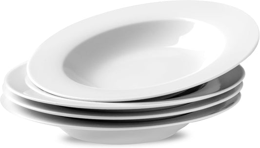 fMBB Ceramic Soup Bowls Shallow Plates, 4 Pack White Dinner Bowls Plates, Porcelain Wide Rim, 8.5 Inch (8.5 oz) Shallow Bowls - Ideal for Soup, Dessert, Salad and Pasta, Microwave and Dishwasher Safe